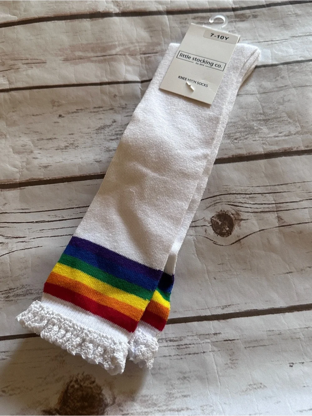 Little Stocking Co. White Knee High Socks with Rainbow Stripes